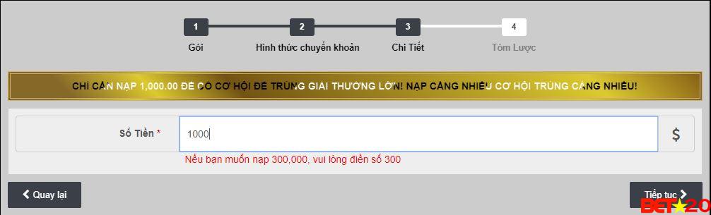 chọn số tiền cần nạp