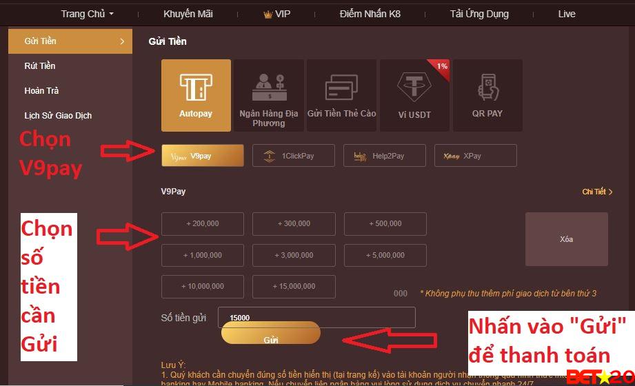 cách gửi tiền nhà cái K8