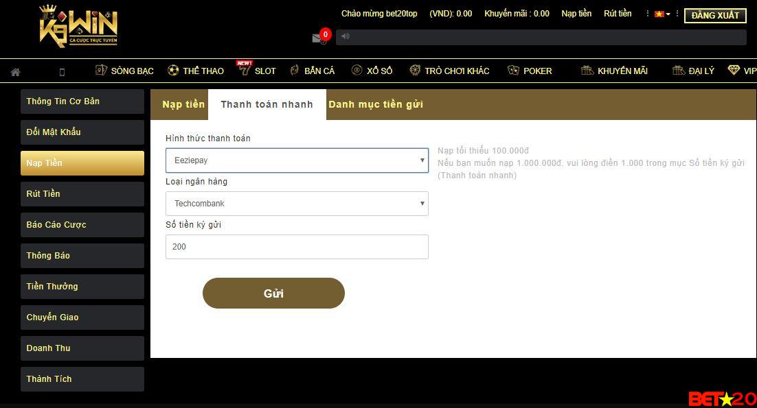 Gưi tiền k9win có khó không