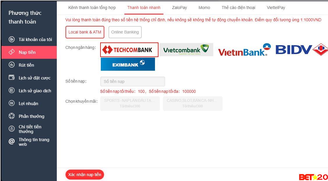 Nap tiền nhà cái 7ball như thế nào