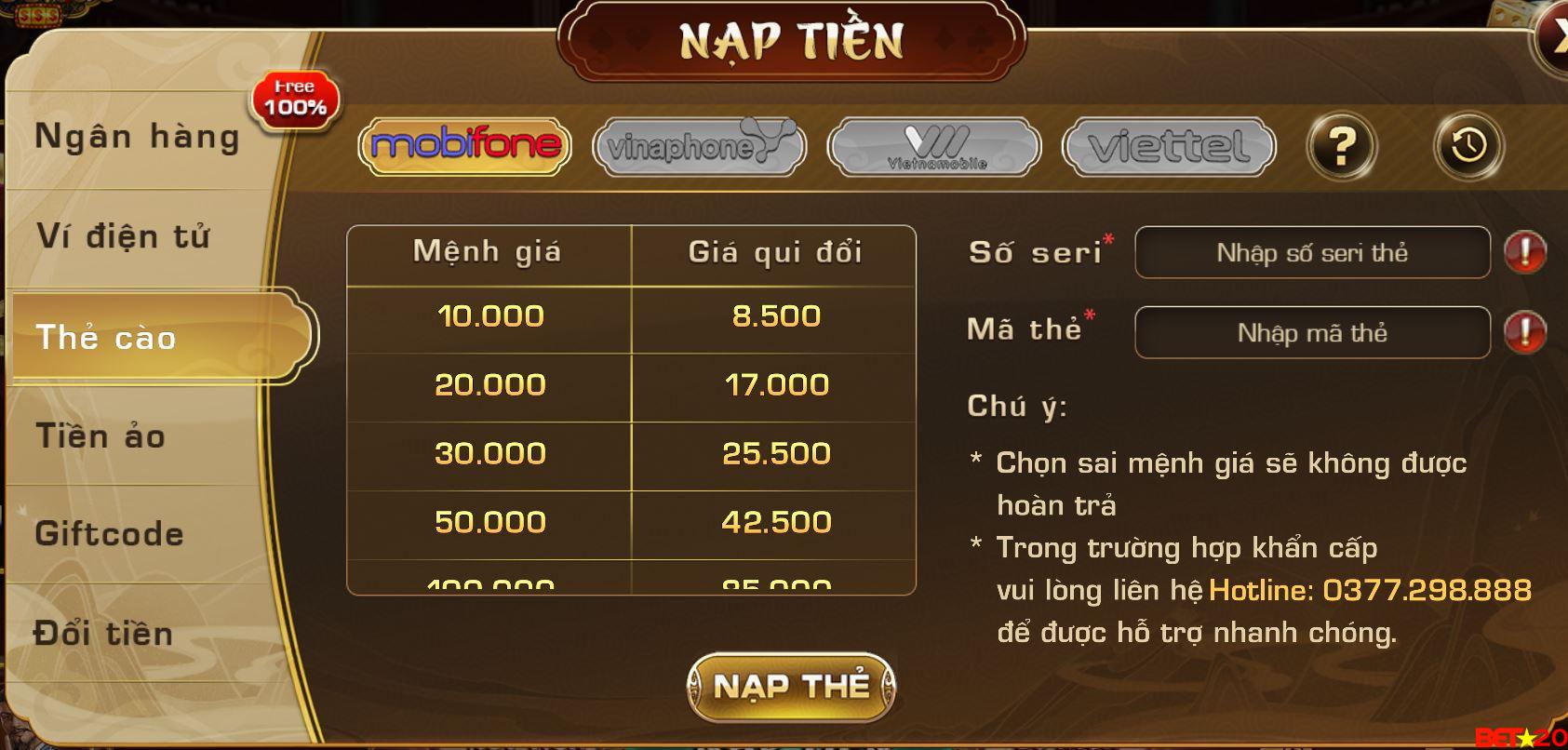 thẻ cào tiền nạp tỷ lệ thấp